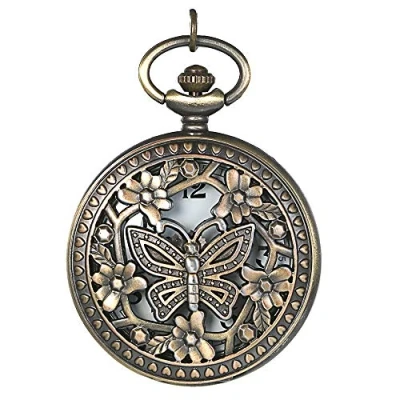 Abbildung von JewelryWe Vintage Taschenuhr Damen Schmetterling Kettenuhr Analog Quarz Uhr mit Halskette Kette Pocket Watch