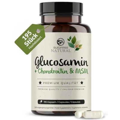 Abbildung von Surpresa Natural Glucosamin Chondroitin &amp; MSM Kapseln hochdosiert I 1x 195 4500 mg pro Tagesdosis Nahrungsergänzungsmittel ohne Zusatzstoffe laborgeprüft 1 Monatsvorrat
