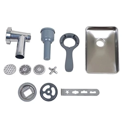 Abbildung von CASO Fleischwolfvorsatz für KM 1200 Chef, 3 verschiedene Lochscheiben grob, medium, fein, Durchmesser Lochscheiben: ,5, 8mm, Mit Stopfer, Aufsatz Spritzgebäck und Wurst Herstellung, Silber