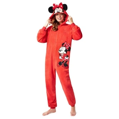 Abbildung von Disney Onesie Damen Stitch Einteiler Pyjama Eeyore, Minnie, Maleficent Schlafanzug Größen von S XXL (Rot L)