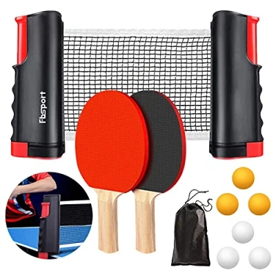 Abbildung von FBSPORT Tischtennis Set Profi, 2 Tischtennisschläger + Einziehbarem Netz 6 Bälle 1 Tragetasche, für Kinder Erwachsene Familien
