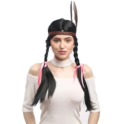 Abbildung von WIG ME UP WG 7001 ZA103 Perücke Damen Schwarz Karneval Fasching Indianer Indianerin lange geflochtene Zöpfe Stirnband Feder 60 cm