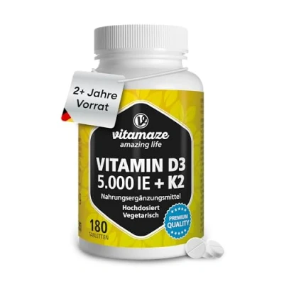 Abbildung von Vitamaze® Vitamin D3 K2 hochdosiert (1+ Jahre) 5000 IE + 100 mcg MK7 All Trans, 180 Tabletten D ohne unnötige Zusatzstoffe, in Deutschland hergestellt