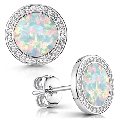 Abbildung von MATERIA Opal Ohrringe Silber 925 Damen Ohrstecker weiß rund flach mit Zirkonia Steine in Schmuck Box SO 394