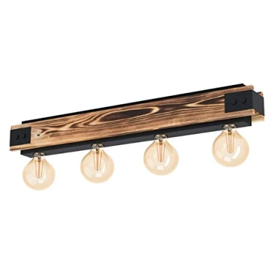Abbildung von EGLO Deckenlampe Layham, 4 flammige Deckenleuchte Vintage, Industrial, Retro, Wohnzimmerlampe aus Stahl in Schwarz und Holz Natur, Küchenlampe, Flurlampe Decke mit E27 Fassung