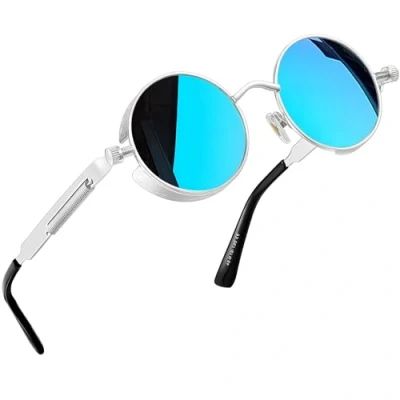 Abbildung von Joopin Runde Sonnenbrille Herren Blau Verspiegelt Polarisierte Steampunk Brille Vintage Driving Sunglasses und Sonennbrille Damen Rund mit UV400 Schutz(Silber Verspiegelt)