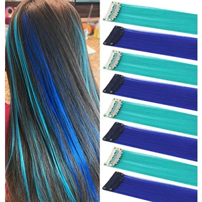 Abbildung von Rhyme 8 PCS Clip in Farbigen Haarverlängerungen für Mädchen Frauen Regenbogen Haarteile Perücke Mehrfarbige Party Hightlight Clips (Blaue Türkis)