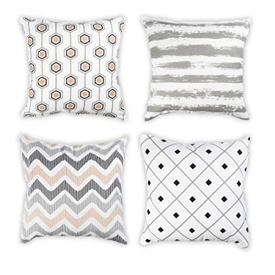 Abbildung von Penguin Home 4Er Pack Dekorative Quadratische Kissenbezüge Aus Baumwolle, Luxuriös, Stilvoll, Für Wohnzimmer, Sofa, Schlafzimmer, Mit Unsichtbarem Reißverschluss, 45 X cm, Beige/Schwarz/Grau
