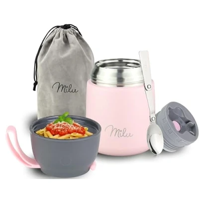 Abbildung von Milu® Thermobehälter 450, 650ml Edelstahl Warmhaltebehälter Essensbehälter Speisegefäß Babynahrung Essen warmhalten Behälter Thermo Lunchbox Müsli to go Rosa,