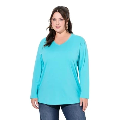 Abbildung von Ulla Popken Basic V Langarmshirt, Damen, Größe: 50/52, Deep aqua