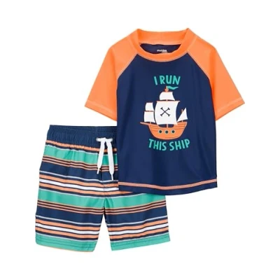 Abbildung von Simple Joys by Carter&#039;s Baby Jungen Swimsuit Trunk and Rashguard Rash Guard Set, Marineblau Orange Schiffe/Weiß Streifen, 24 Monate