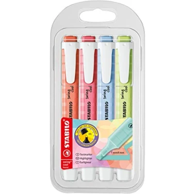 Abbildung von Textmarker STABILO swing cool Pastel 4er Pack Korallrot, Kirschblütenrosa, Wolkenblau, Prise von Limette