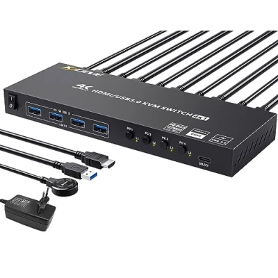 Abbildung von USB 3.0 KVM Switch HDMI 4 Port, 4K@60Hz Simulation EDID PC 1 Monitore, 2.0 Switches Teilen Geräte Maus Tastatur Drucker, mit Wired Remote und 5 Kabeln