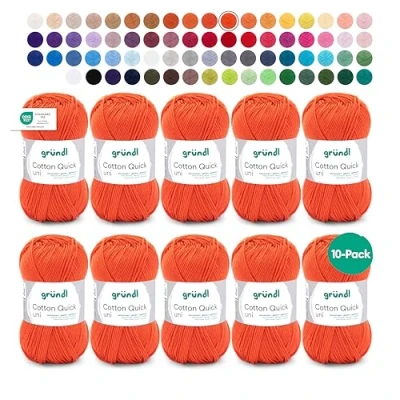 Abbildung von Gründl Wolle Cotton Quick uni dünne zum Häkeln Strickgarn Häkelgarn Glänzend und hautfreundlich 100% Baumwolle 10 Knäuel 50 g / 125 m Nadelstärke 3 4 signalrot