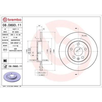 Abbildung von BREMBO 08.D893.11 Bremsscheibe 280 12 5 voll beschichtet hochgekohlt VOLVO: XC40