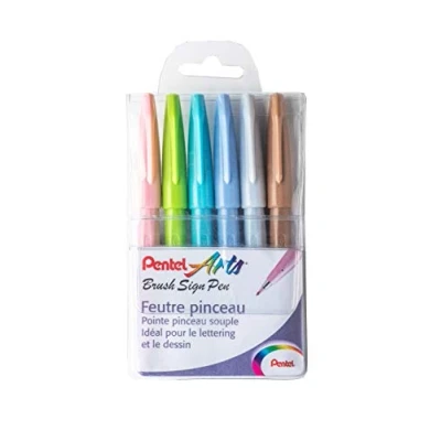Abbildung von Pentel Arts Brush Sign Pen SES15C/6PASTEL, Packung mit 6 Pinselstiften, verschiedene Pastellfarben