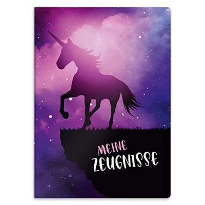 Abbildung von itenga Zeugnismappe mit Motiv DIN A4 stabile Dokumentenmappe Sichtbuch für Zeugnisse 20 Hüllen Kinder Jugendliche Schüler Mädchen Jungen (Motiv magisches Einhorn)