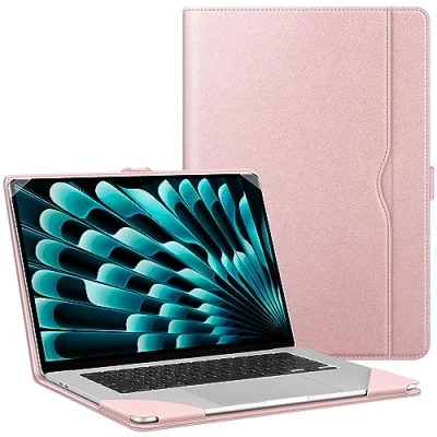 Abbildung von Fintie Hülle Kompatibel mit MacBook Air 15 M3 M2 Chip (2024 2023) A3114 A2941, Hochwertiges Kunstleder Sleeve Folio Schutzhülle 15,3 Zoll, Roségold