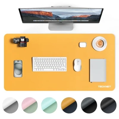 Abbildung von TECKNET Schreibtischunterlage, 80 x 40cm Große Tischschutzpolster, Wasserdichte Laptop Desk Mat,PU Leder Tischunterlage, Abwischbar Doppelseitige Schreibunterlage für Büro/Zuhause (Dunkelblau/gelb)