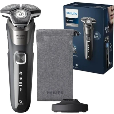 Abbildung von Philips Shaver Series 5000 Elektrischer Nass &amp; Trockenrasierer in Carbongrau mit 1 integrierten ausklappbaren Trimmer, weicher Tasche, Schutzkappe Ladestation (Modell S5887/13)