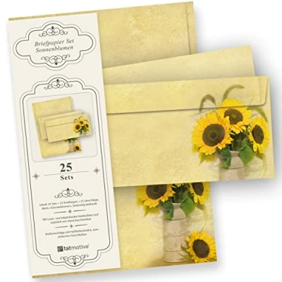 Abbildung von Schönes Briefpapier Set Sonnenblumen, 25 Sets, Hochwertiges Motivpapier mit Umschläge