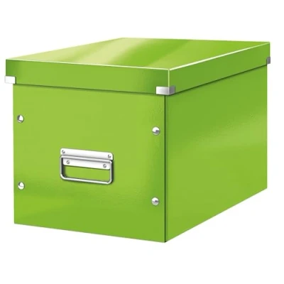 Abbildung von Leitz Click &amp; Store Aufbewahrungsbox mit Deckel Groß, Würfelbox passend für Kallax Regale in Wohnzimmer oder Büro, Box aus 80 % recycelter Premium Hartpappe, Stabile Metallgriffe, Grün, 61080054