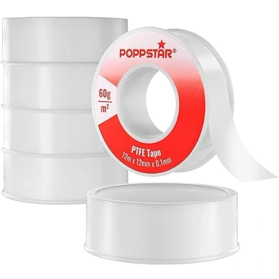 Abbildung von POPPSTAR PTFE Dichtband 60g/m² Teflonband Gewindedichtband FRp für Feingewinde (Gas &amp; Wasser Abdichtung) 12m x 12mm 0,1mm, 5 Rollen