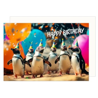 Abbildung von Edition Seidel Premium Geburtstagskarte mit Umschlag. Glückwunschkarte Tier Karte Billet Geburtstag Happy Birthday Mann Frau Coole Pinguine Bunte Ballons Lustige Party Humor (G3530 SW024)