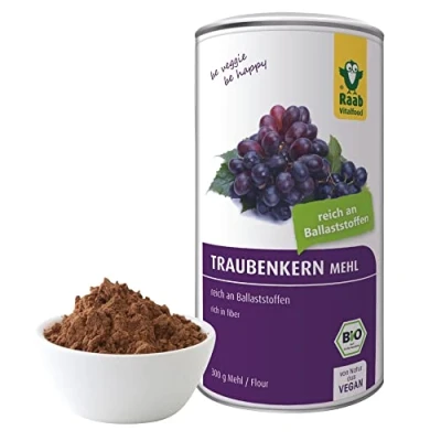Abbildung von Raab Vitalfood Bio Traubenkernmehl 300 g, OPC, reich an Ballaststoffen, vegan, glutenfrei, laborgeprüft in Deutschland, Traubenmehl, g Dose