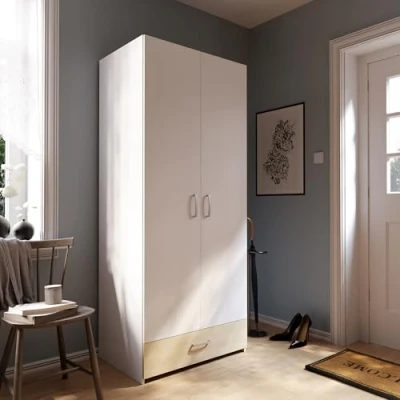Abbildung von FORTE ECONOBOX Kleiderschrank 80, Klassischer Schrank mit Zwei Drehtüren und EInlegeboden, Holzwerkstoff, Weiß/Puccini Eiche Dekor, 79,7 cm breit, 190,5 hoch, 54,4 tief