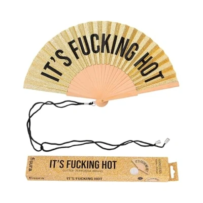 Abbildung von FISURA, Origineller Holzfächer Mit der Aufschrift F*cking hotâœ. Moderner, farbenfroher Handventilator goldfarbenem Glitzereffekt. Perfektes Accessoire für heiÃŸe Tage. Aufhänger.