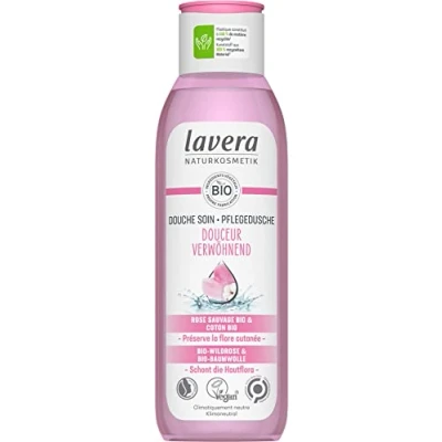Abbildung von lavera Sanfte Pflegedusche Naturkosmetik vegan zertifiziert Duschgel mit Bio Wildrose und Baumwolle biologisch abbaubare Formeln ohne Mineralöle 250 ml