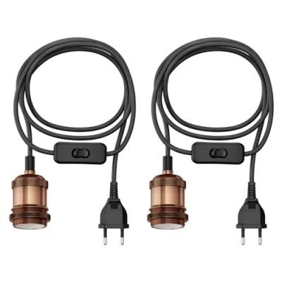 Abbildung von ledscom.de 2 Stück Textilkabel RETRA, Stecker, Schalter, bronze, 3 m, Lampen Fassung, 1x E27 max. 60W