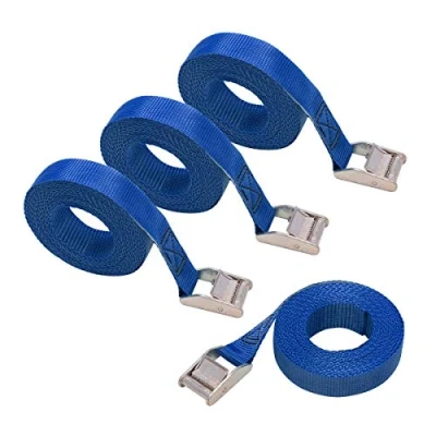 Abbildung von Amazon Basics Spanngurt, 2.5 m lang, 25 mm breit, Belastbarkeit 150 kg, entspricht DIN, Blau, 4 Stück