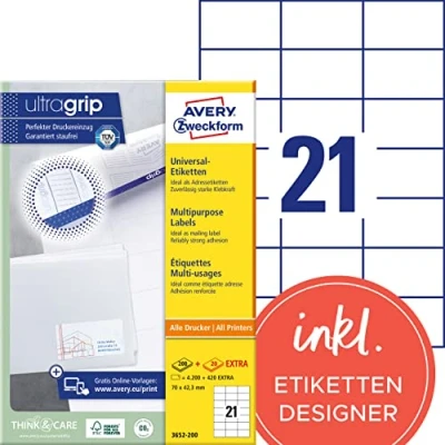 Abbildung von AVERY Zweckform 3652 200 Adressaufkleber (4.200 plus 420 Klebeetiketten extra, 70x42,3mm auf A4, bedruckbare Absenderetiketten, selbstklebende Adressetiketten mit ultragrip) 220 Blatt, weiß