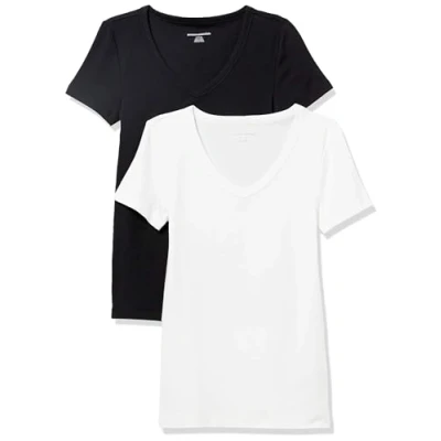 Abbildung von Amazon Essentials Damen Kurzärmeliges T Shirt mit V Ausschnitt, Schmale Passform, 2er Pack, Schwarz/Weiß, L