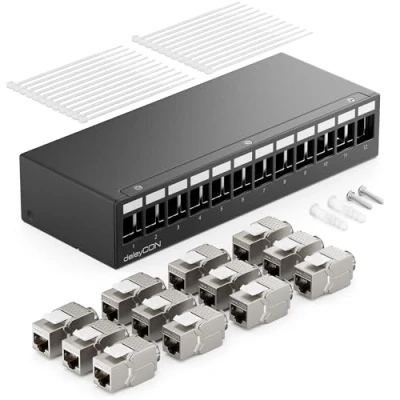 Abbildung von deleyCON 12 Port Patchpanel Set Patchfeld Verteilerfeld 1 HE + 12x RJ45 Keystone Jack Modul STP CAT6a Kompatibel mit Verlegekabel CAT6 CAT7 Netzwerkkabel Ethernet LAN DSL Schwarz