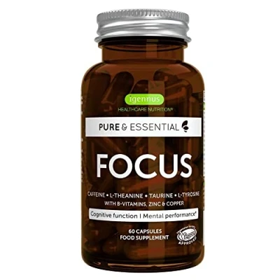 Abbildung von Focus Gehirn Booster mit Koffein, L Theanin, Taurin, Tyrosin plus B Vitamine, Zink &amp; Kupfer, Verbesserte Kognitive Funktion Geistige Leistungsfähigkeit, 60 Kapseln, von Igennus