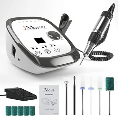 Abbildung von Nagelfräser JCMaster Profi, Fräser Nägel max. 35.000 U/Min, elektrische Nagelfeile mit Fußpedal für Gelnägel Acrylnägel, Nagelstudio Zuhause, inkl 6x Bits,(Weiß)