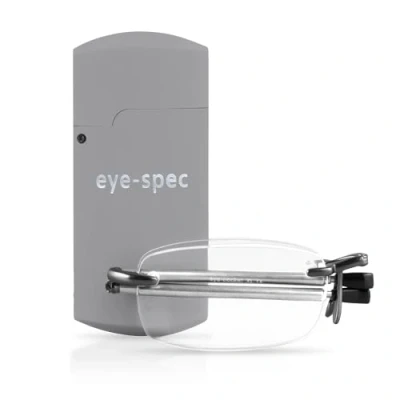Abbildung von eye spec Smarte, kompakte, rahmenlose, faltbare Lesebrille mit grauem Etui im Taschenformat Schlankes, faltbares Design