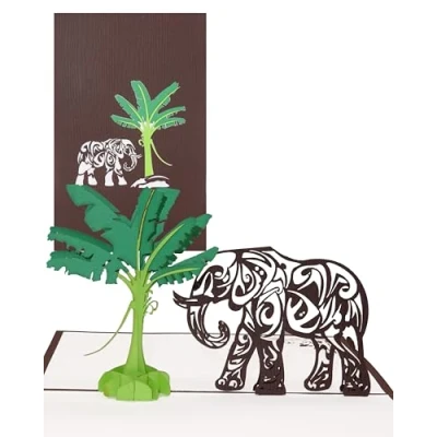 Abbildung von Pop Up Karte Elefant &amp; Bananenbaum, 3D Geburtstagskarte Elefant, Geburtstagskarten mit Umschlag, Klappkarten 3D, Zoo Geschenkgutschein, Reisegutschein