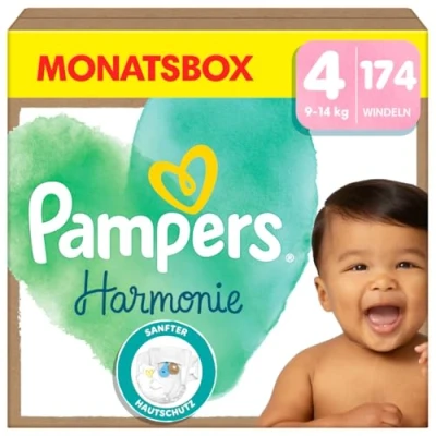 Abbildung von Pampers Baby Windeln Größe 4 (9 14 kg) Harmonie, MONATSBOX, Sanfter Hautschutz Und Pflanzenbasierte Inhaltsstoffe, 174 Stück
