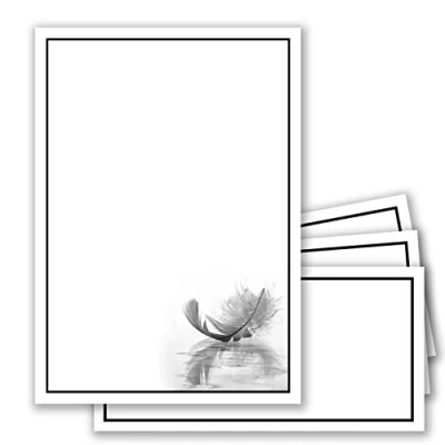 Abbildung von 50 x Set Trauerpapier DIN A4 + Trauerumschläge Lang Motiv schwarzer Trauer Rahmen mit Feder 22 11 cm bedruckbar Kondolenz für Danksagung