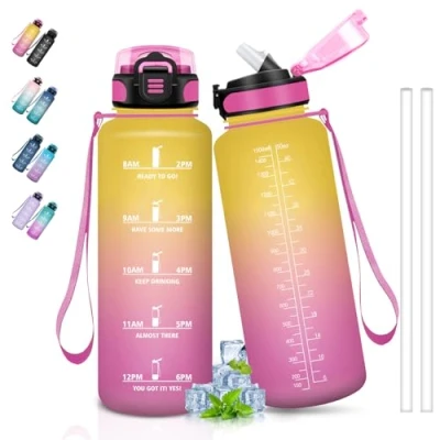 Abbildung von Trinkflasche 1,5 Liter, Sport, Fitnessstudio mit Motivierendem Slogan, Flasche Strohhalm, Leicht zu Reinigen, Sporttrinkflasche für Camping, Wandern, Gym, Running, Yoga