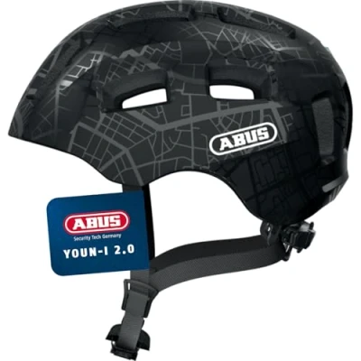 Abbildung von ABUS Fahrradhelm Youn I 2.0 mit Licht für Kinder, Jugendliche und junge Erwachsene Mädels Jungs Schwarz Muster, Größe S