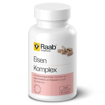Abbildung von Raab Vitalfood Eisen Komplex Kapseln, Nahrungsergänzungsmittel mit und Vitamin C aus der Acerolakirsche, zweiwertigem Eisen, 80 4060
