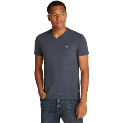 Abbildung von Tommy Jeans Herren T Shirt Kurzarm Jaspe V Ausschnitt, Blau (Dark Night Navy Htr), XS