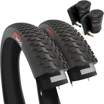 Abbildung von Fincci Paar Fatbike Reifen 26x4.0 Zoll 100 559 Fahrradreifen Fett Und 48mm Autoventil Schläuche für Rennräder Mountainbike MTB Schlamm Schmutz Offroad mit Fahrrad Mantel 26 x 4.00 (2er Pack)