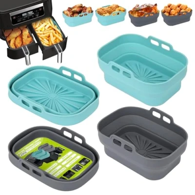 Abbildung von Alyvisun 4 Stück Airfryer Silikon Basket Wiederverwendbar Backform Air Fryer Silikonformen Rechteckig Einsatz Heissluftfritteuse Zubehör Mold, Silicone, Blau+Grau