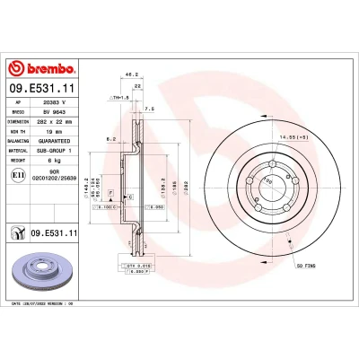 Abbildung von BREMBO 09.E531.11 Bremsscheibe 282 22 5 innenbelüftet beschichtet